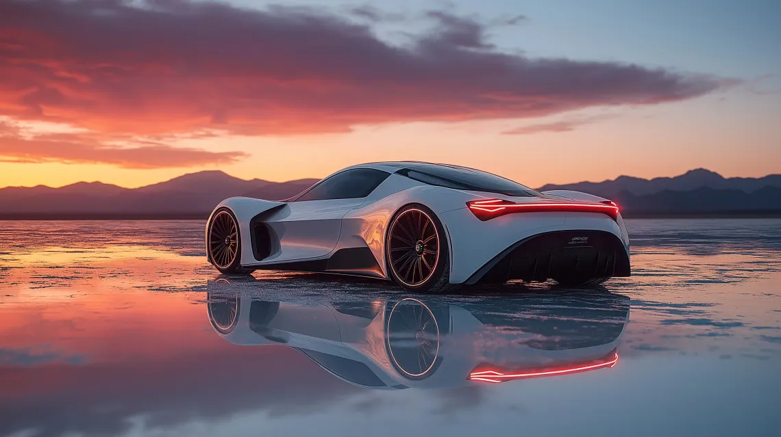 Futuristic car parked on a sandy beach with waves crashing in the background, blending nature and technology.