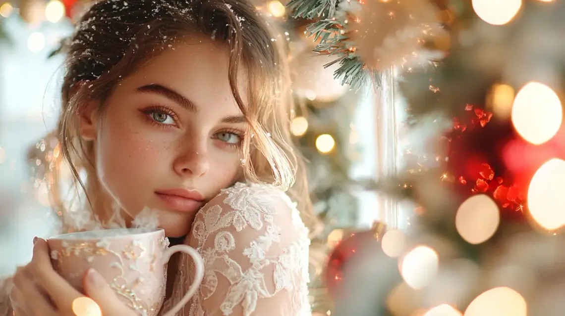 Young woman gazing out of a frosted window at the Aurora Borealis.