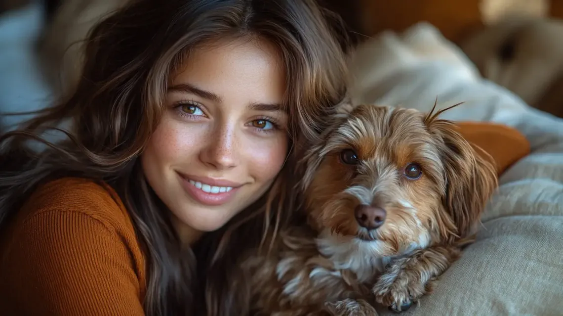 A young woman with long brown hair gently smiling.