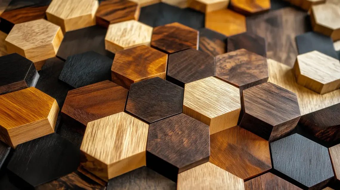 Geometric wood wall art displayed on a clean, black background.