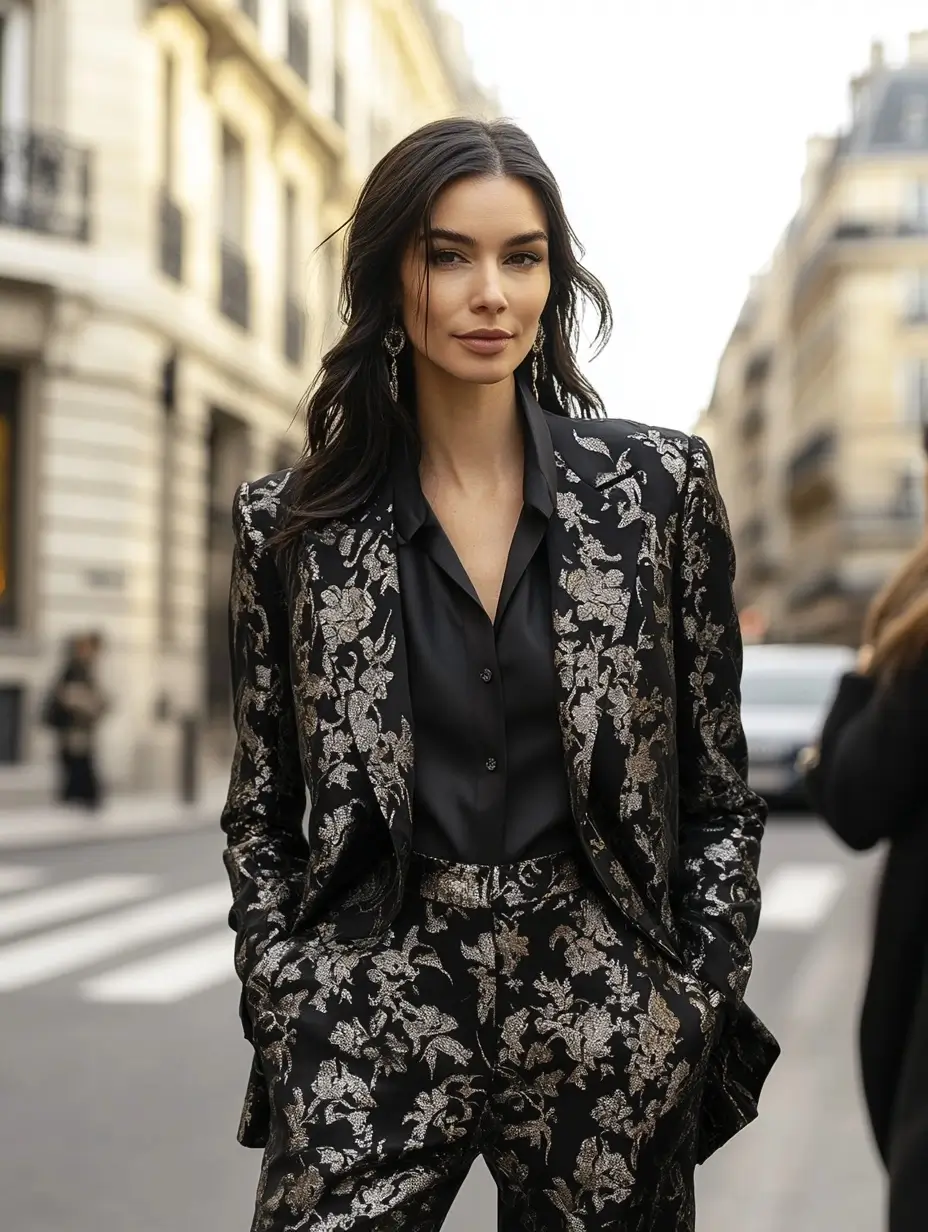 Woman in a stylish black and gold suit with intricate details, standing confidently.