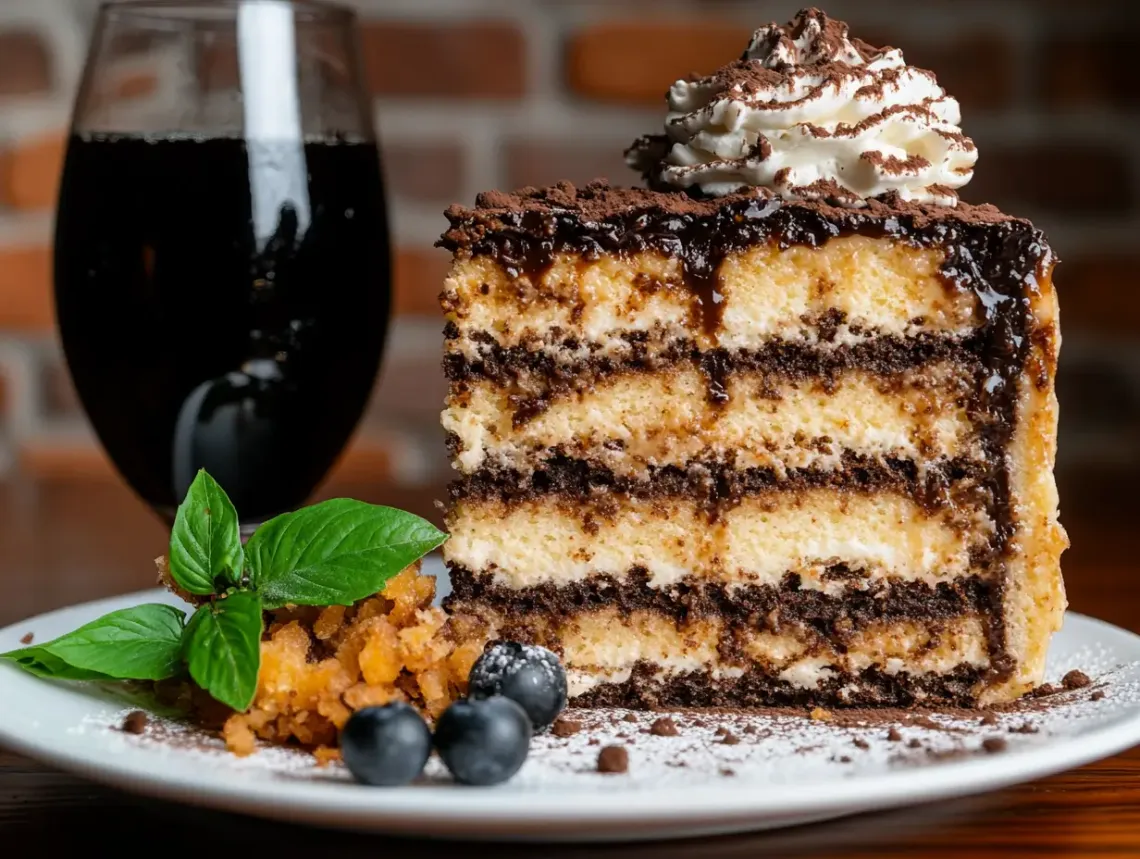 Delicious piece of cake on a white plate beside a glass of red wine indicating a luxurious dining experience.