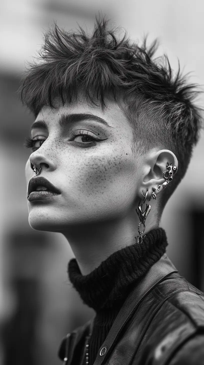 Close-up of a woman's well-groomed ear showcasing a detailed, stylish earlobe piercing with a blurred background.