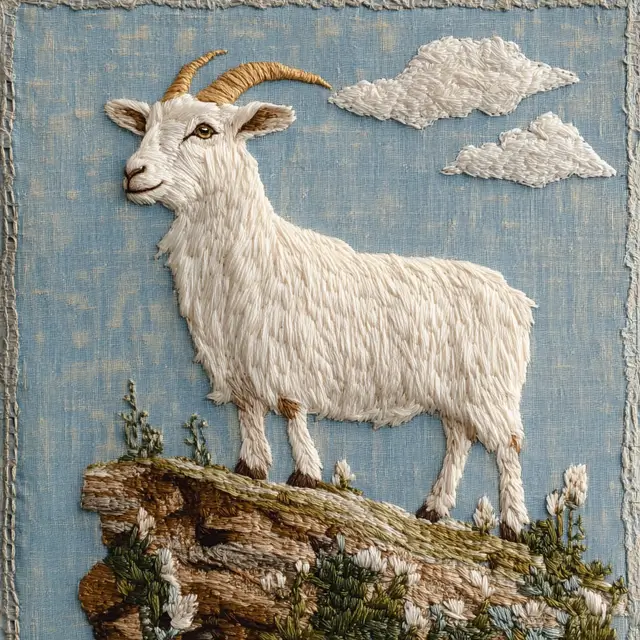 A goat standing on a cliff with square embroidery design in the background.