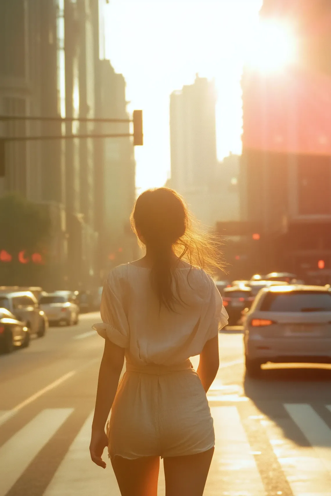 Woman in casual attire walking down a bustling, sunlit street lined with cars.