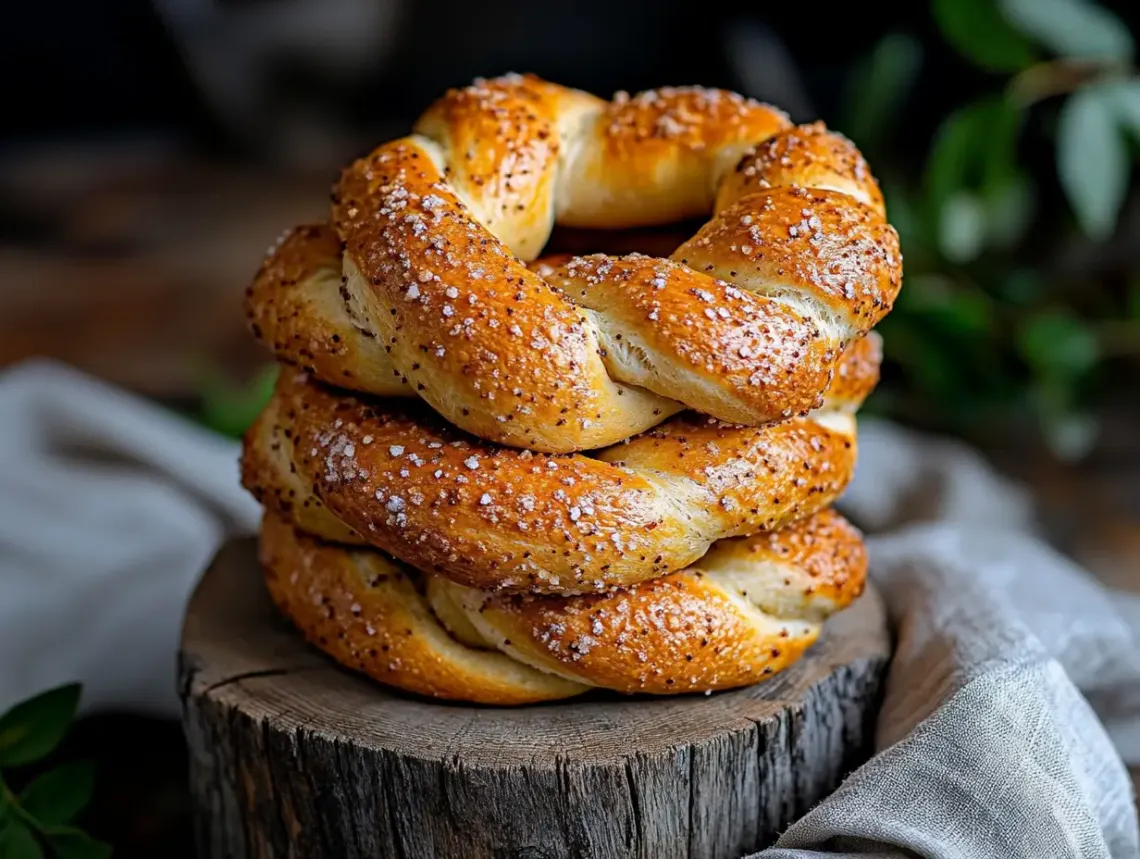 Freshly baked golden brown pretzels arranged in a pyramid formation in a cozy kitchen.