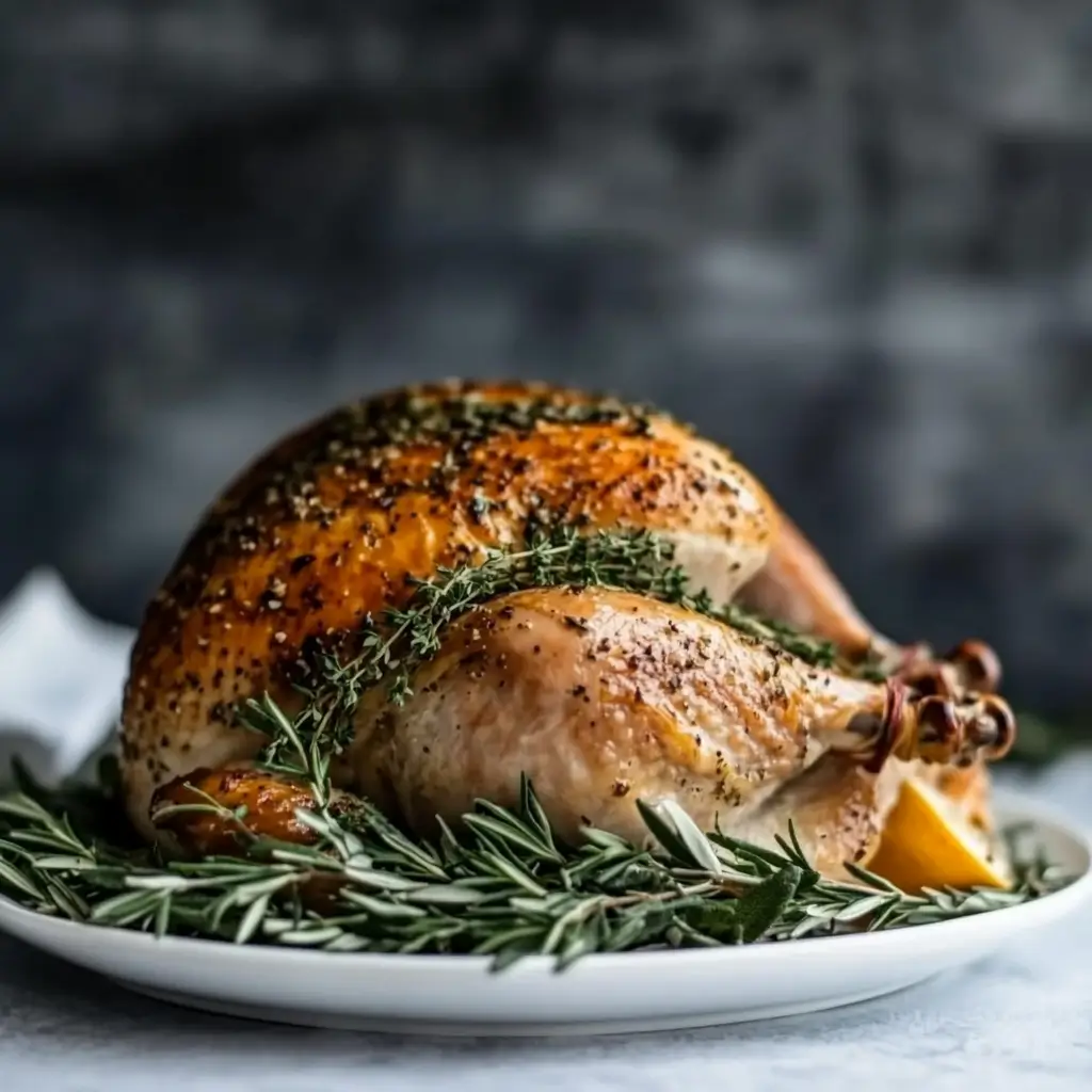 Golden brown roasted chicken on a white plate garnished with fresh herbs and lemon slices.