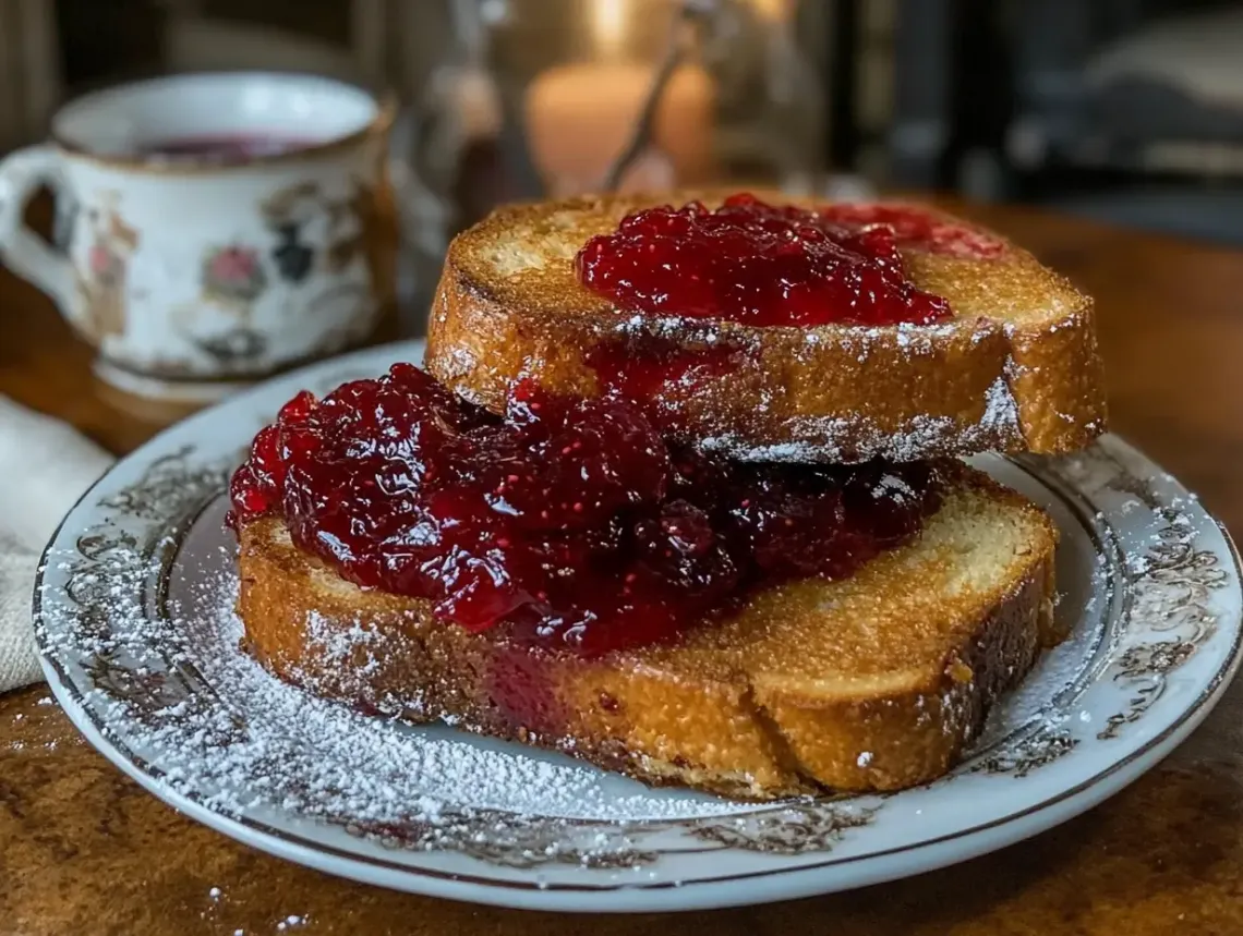 Two pieces of golden brown, crispy toast topped with jam on a clean plate, prepared for breakfast.