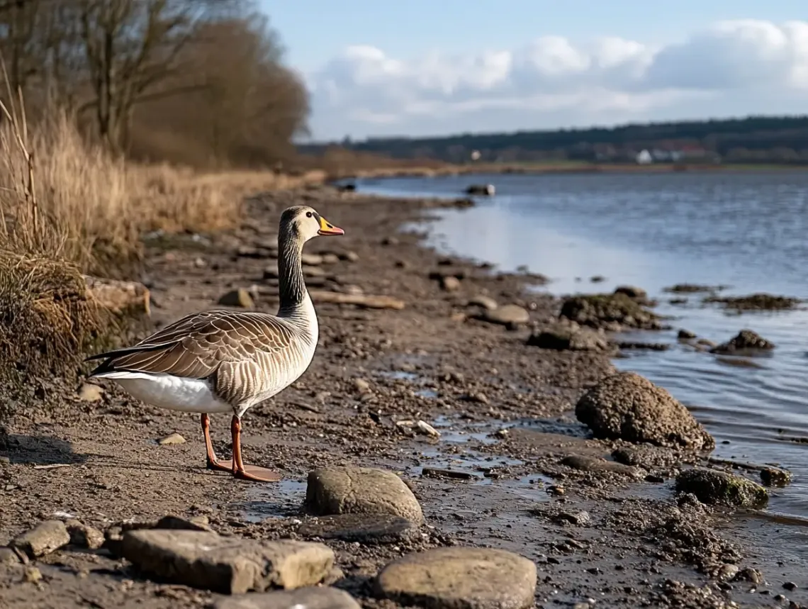 Goose standing gracefully on a rocky shore with a tranquil body of water next to it.