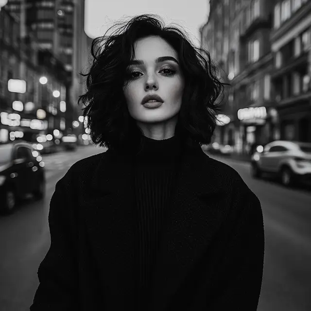 Black and white photo of a girl in the city.