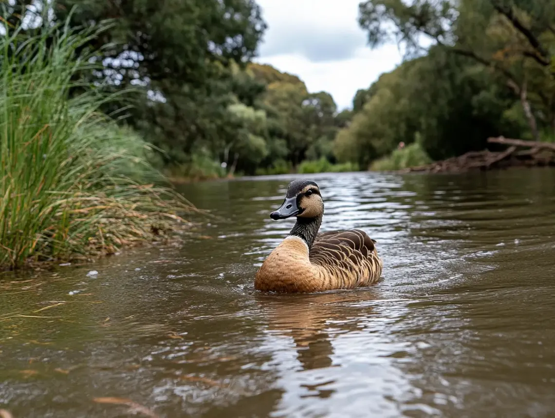 Serene river scene with a duck swimming amidst lush grass and tall trees, creating peaceful ripples.