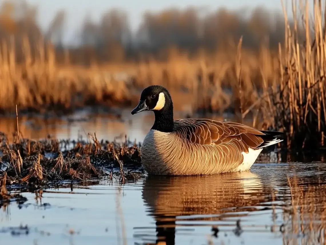 Duck gracefully swimming in a serene pond reflecting the clear blue sky.