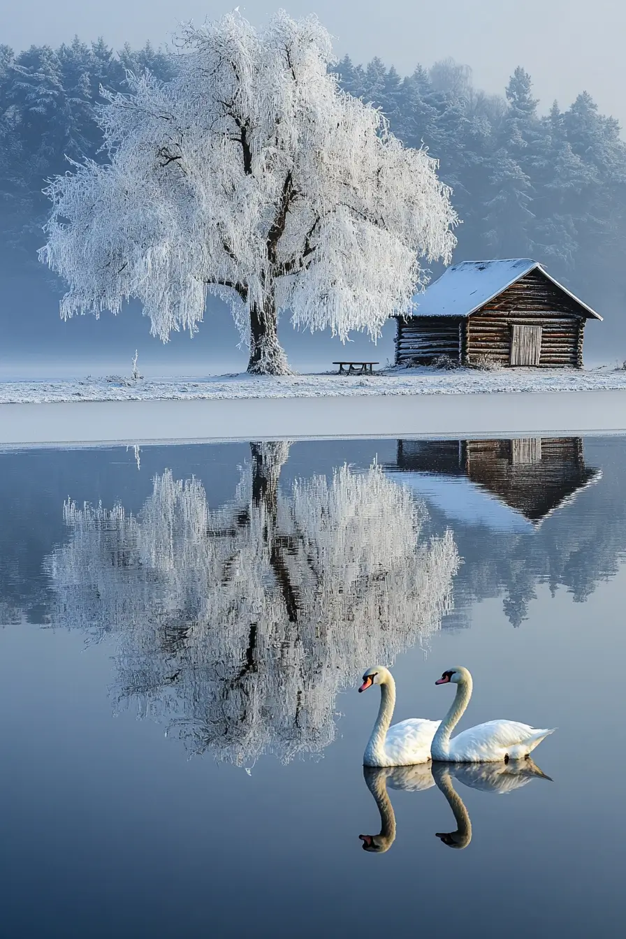 Two elegant swans swimming in a tranquil lake under a clear blue sky with a tall lush tree in the background.