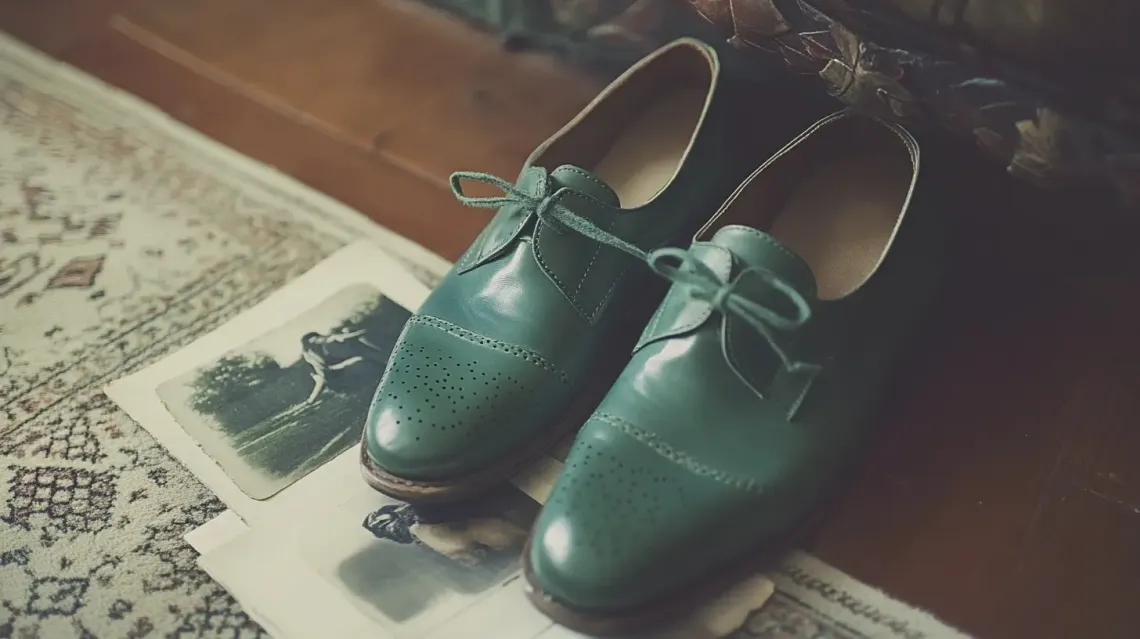 Pair of casual green shoes on a carpet, illuminated by natural light.