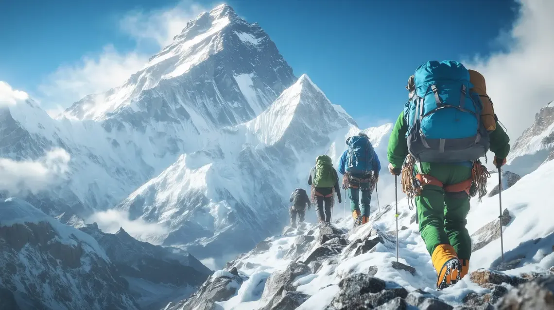 A group of mountaineers wearing green and blue climbing gear.