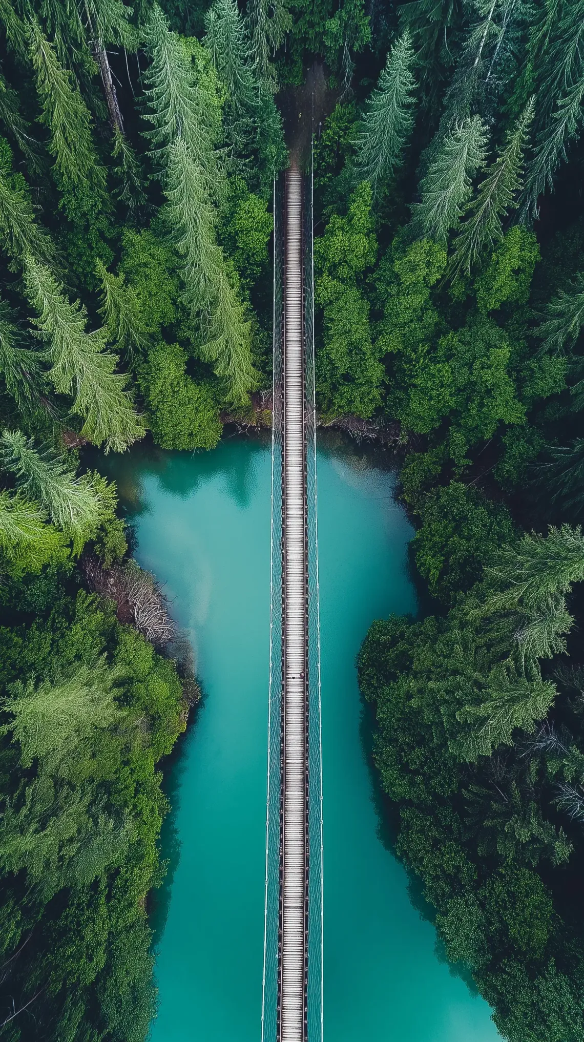 Long bridge stretching over a peaceful river, surrounded by lush green trees in a serene environment.