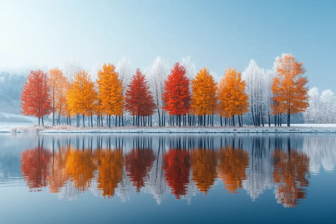 Group of tall trees standing in calm waters with their reflections creating a tranquil atmosphere.