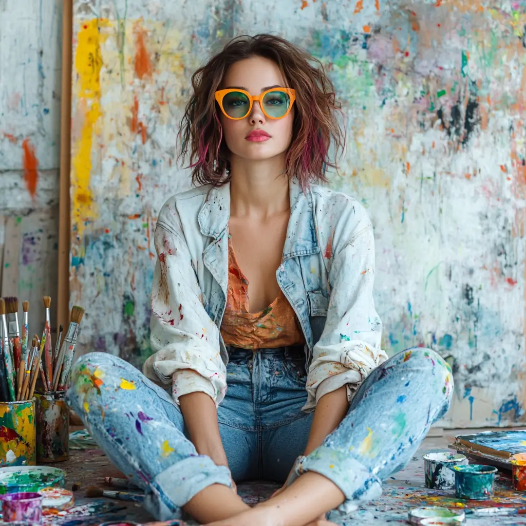 Woman sitting on the floor surrounded by paint brushes, evidently engrossed in a vibrant creative activity.