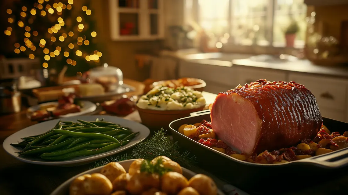 Hearty meal of sliced ham, green beans, and potatoes on a table, ideal for a cozy family dinner.