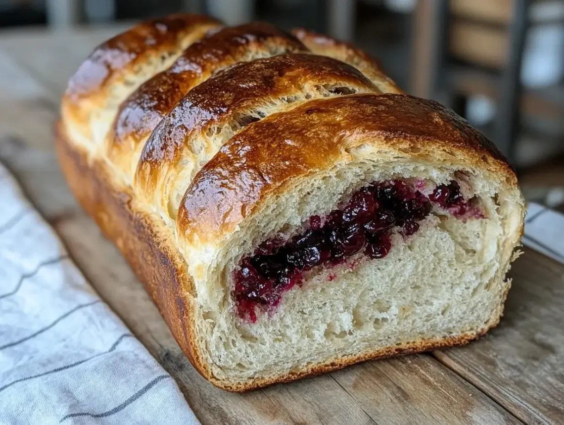 Freshly baked loaf of bread with vibrant red jam spread on the inside.