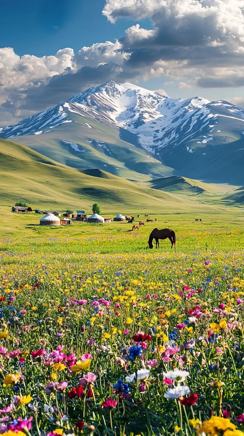 A calm horse grazing in a vibrant, flower-filled field, expressing a serene and harmonious moment in nature.