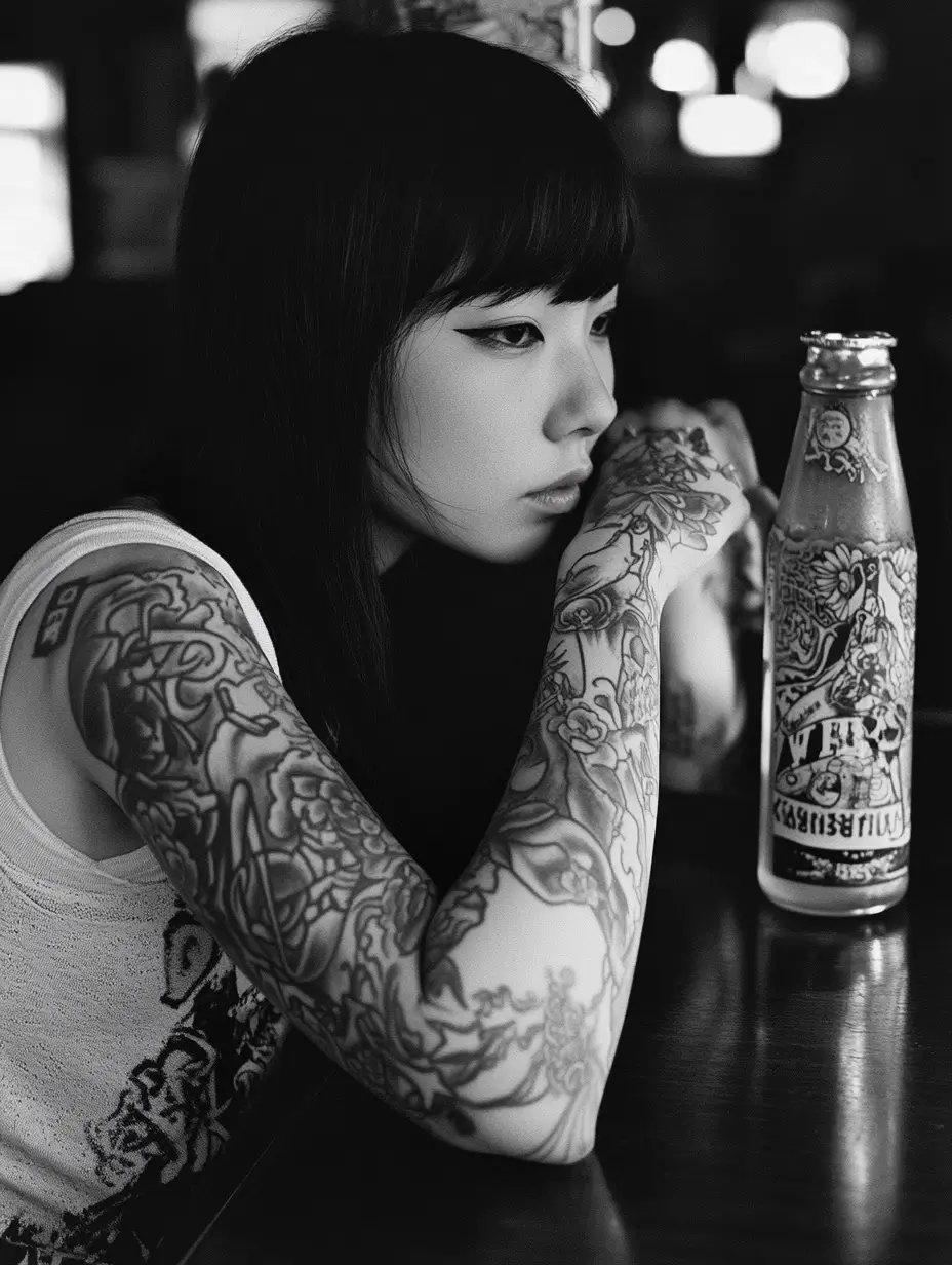 Tattooed woman sitting casually at a table, evoking an atmosphere of relaxation and self-expression.