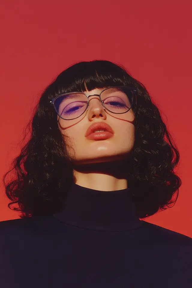 A portrait of a serious girl with glasses and curly hair.