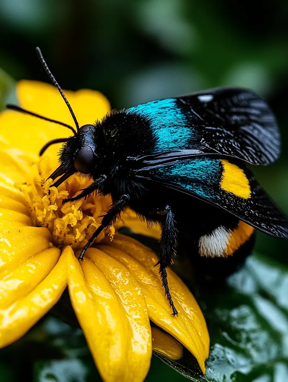 Small intricate blue and black insect perched on a vibrant yellow flower, highlighting natural beauty.