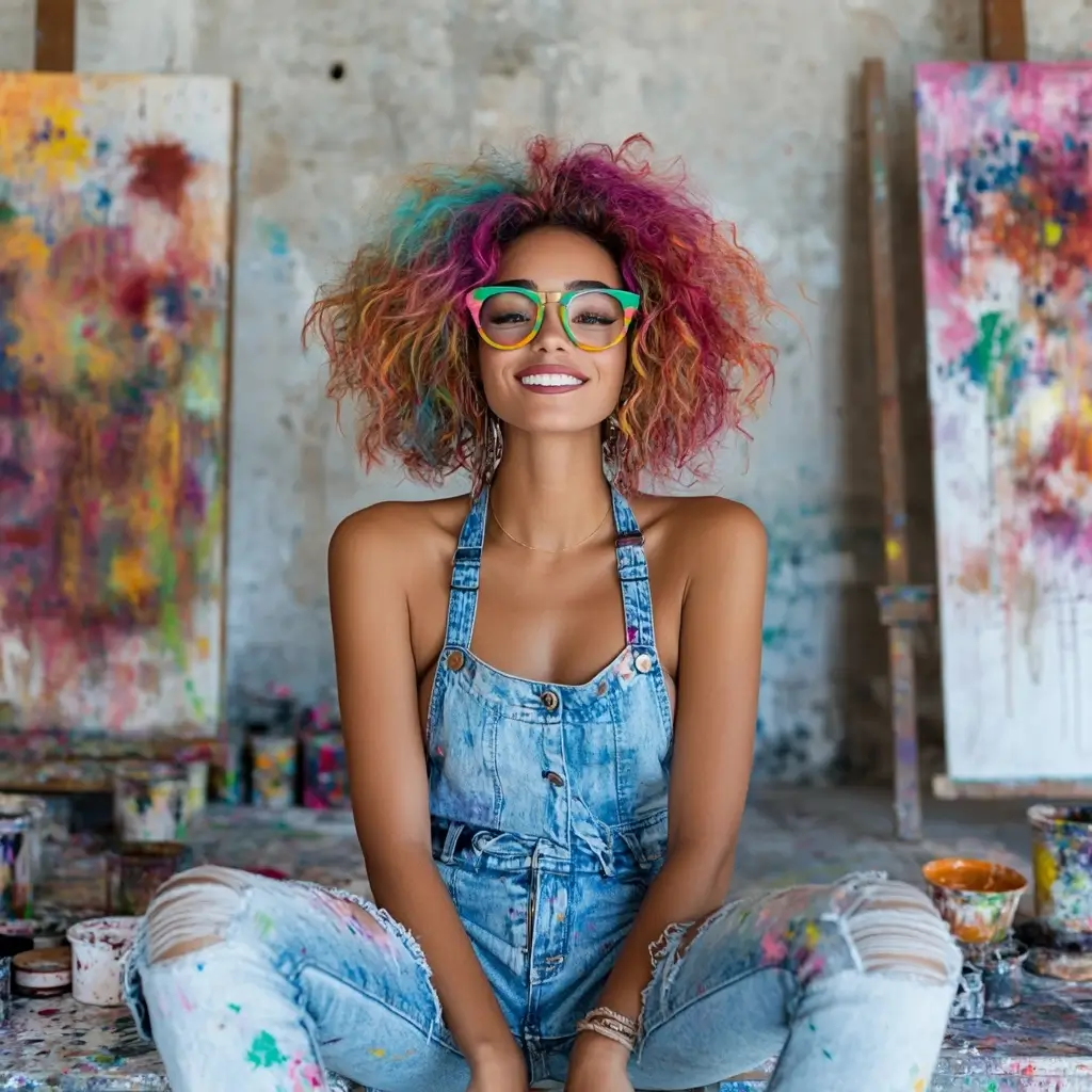 Woman with vibrant multicolored hair sitting on the floor in a simple setting, expressing individuality and creativity.