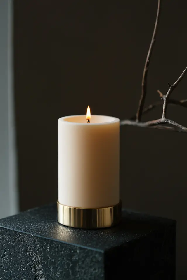 A minimalist ivory candle with a soft beige flame.