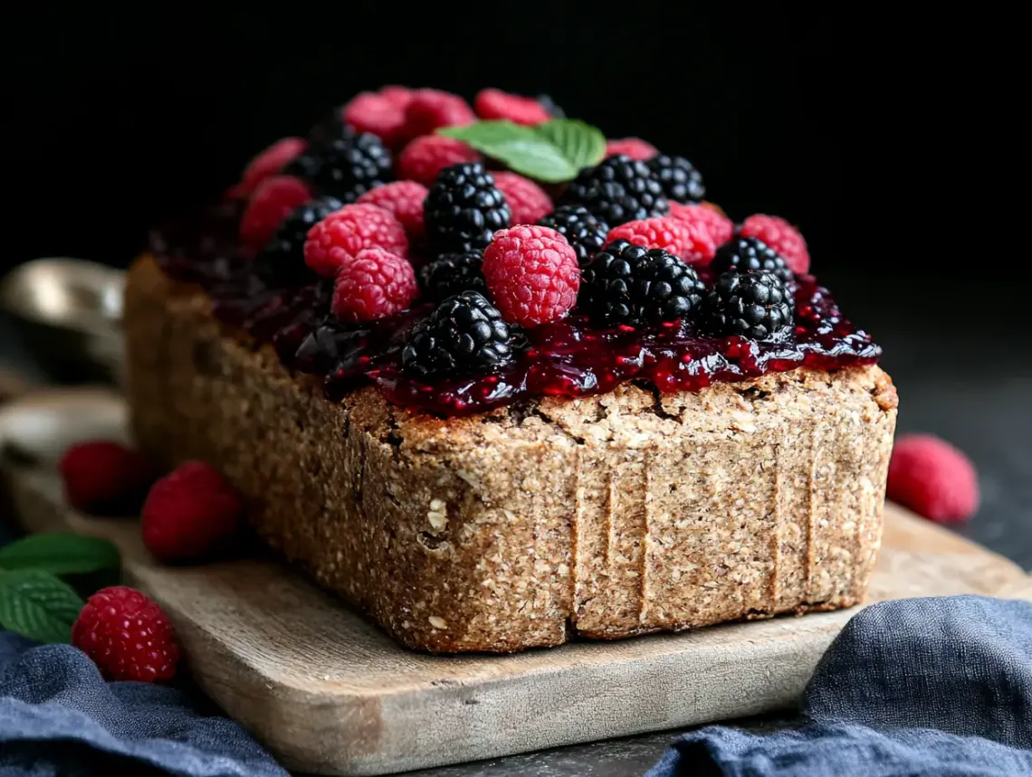 Freshly baked bread topped with jam and berries on a rustic wooden cutting board.