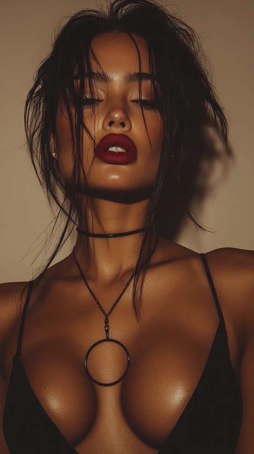 Woman wearing a prominent necklace, with focused view on attire and accessories, against a simple background.