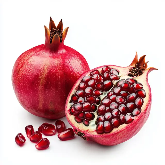 Close-up photo of a juicy pomegranate on a white background.