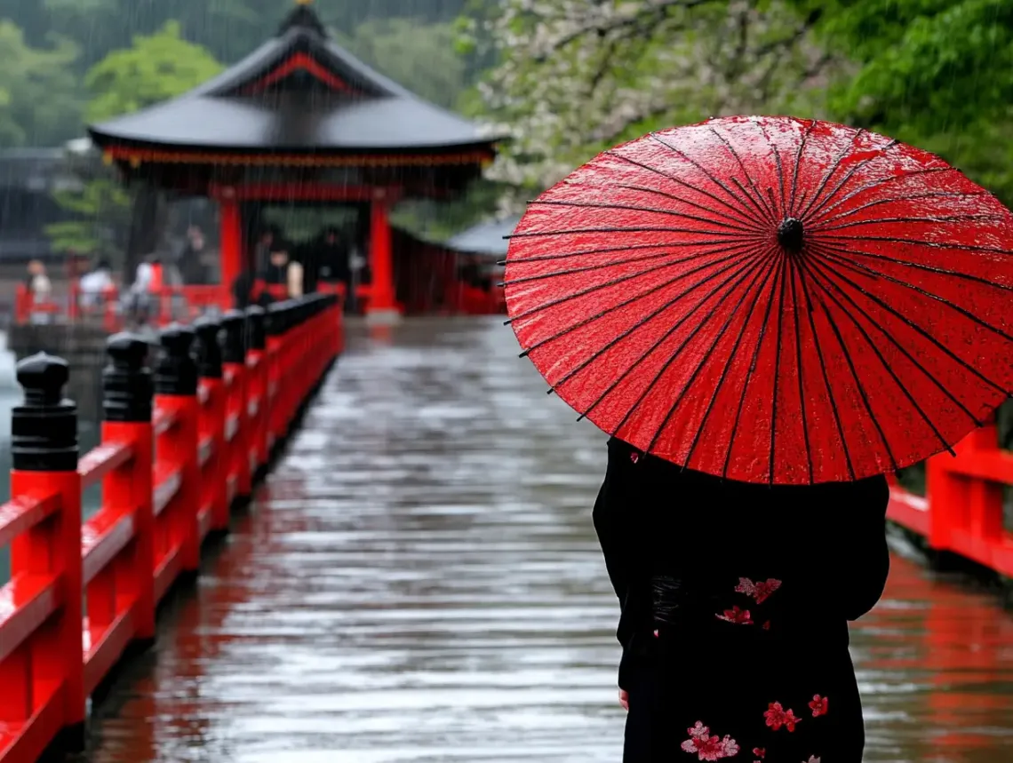 Woman in traditional kimono holding an umbrella, standing on a bridge in a peaceful setting.