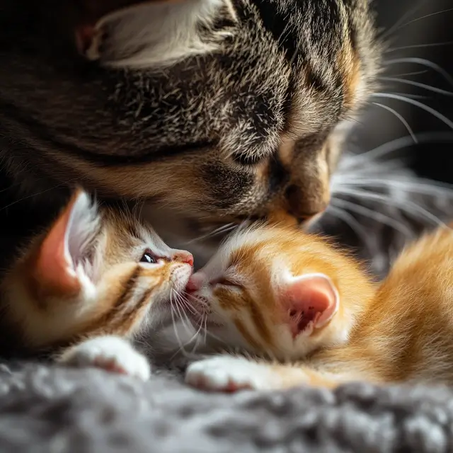 Kittens lying next to their mother.