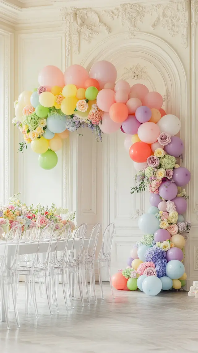 Large balloon garland in pastel colors.