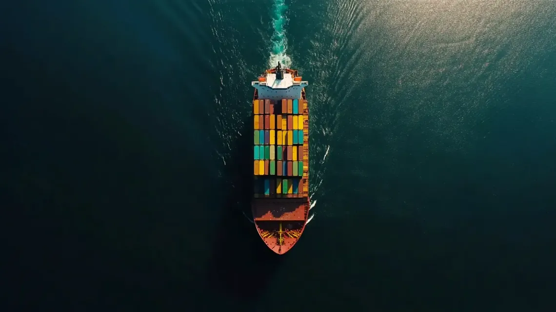 Large container ship fully loaded with containers, sailing across calm waters against a vast ocean backdrop.