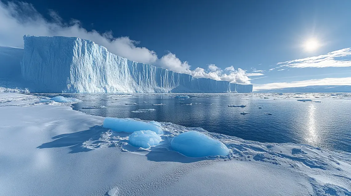 Large imposing iceberg in the center of a calm, clear body of water, reflecting light beautifully.