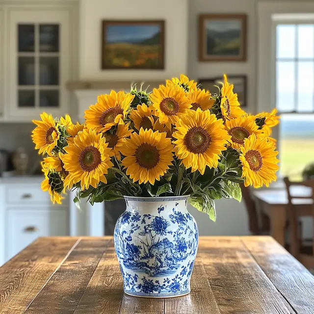 Large sunflowers in a blue and white vase on a wooden table.