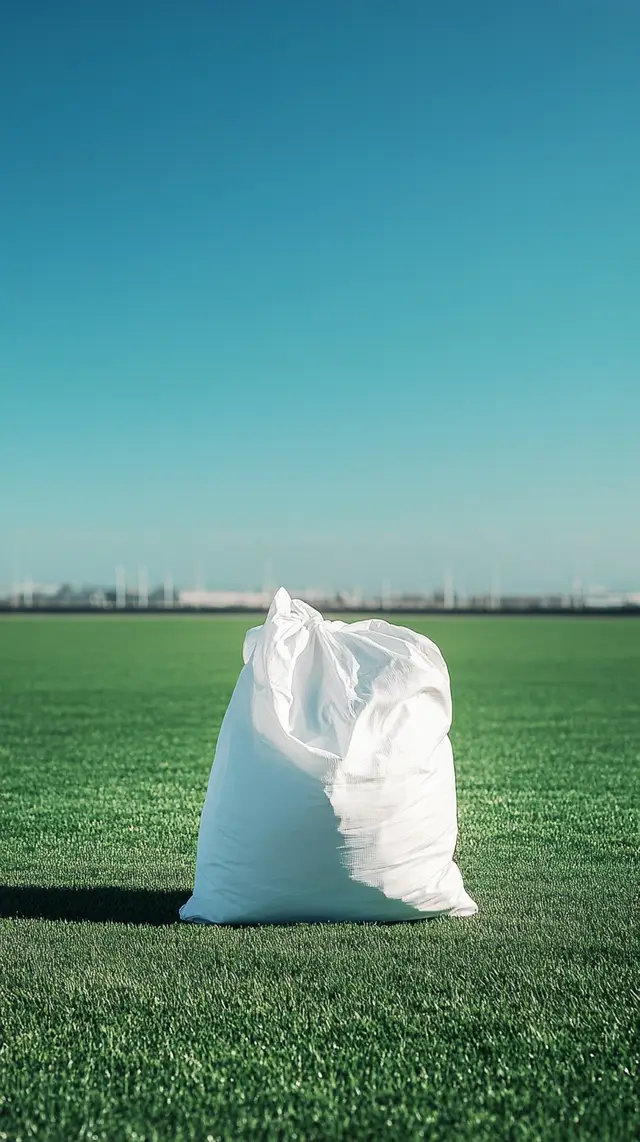 Large white cloth bag placed on a soccer field.