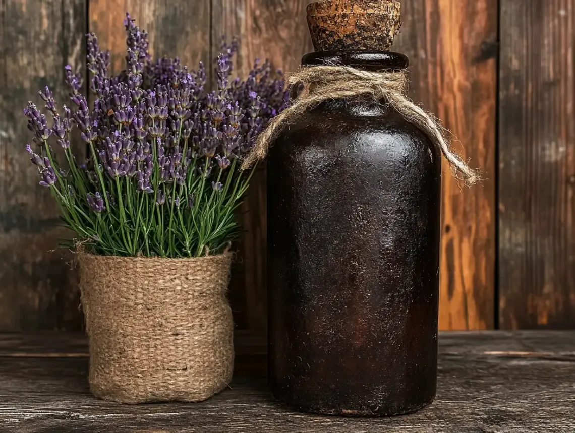 Lavender essential oil in a bottle next to a lavender plant in a tranquil home environment.