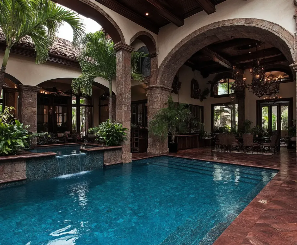 Luxurious indoor pool in a spacious house with elegant decor, designed for relaxation and leisure.