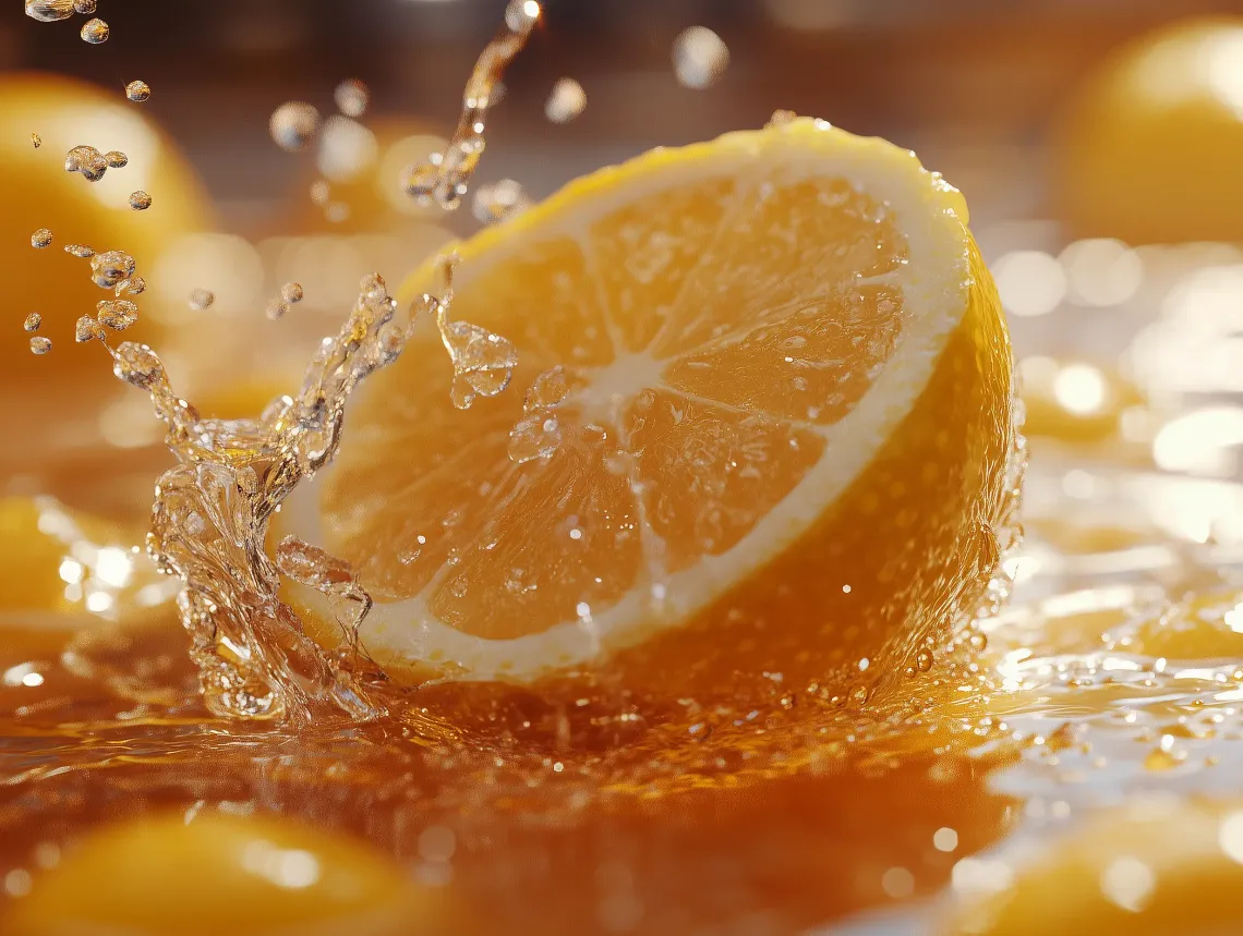 A bright yellow lemon dropping into clear water causing ripples, capturing the movement.