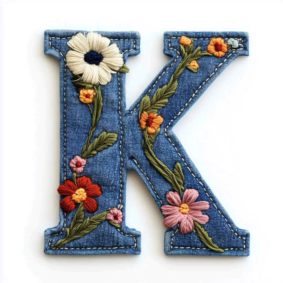 Close-up view of an intricately designed letter 'k' adorned with vibrant, full-bloom flowers.