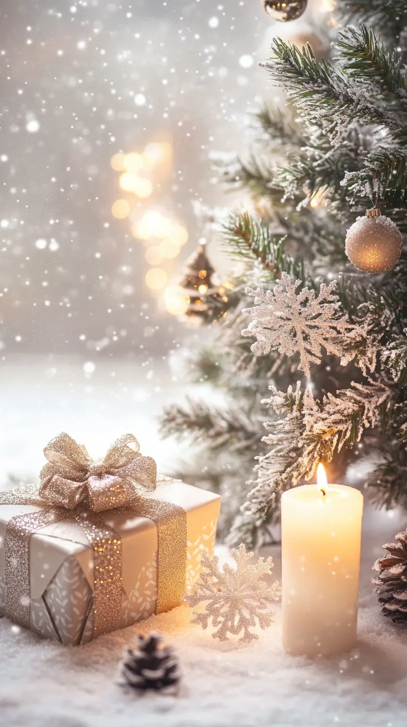 A lit candle and a festive gift on snowy ground, creating a warm, serene winter scene.