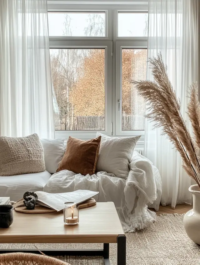 Budget interior design of a living room featuring white curtains.