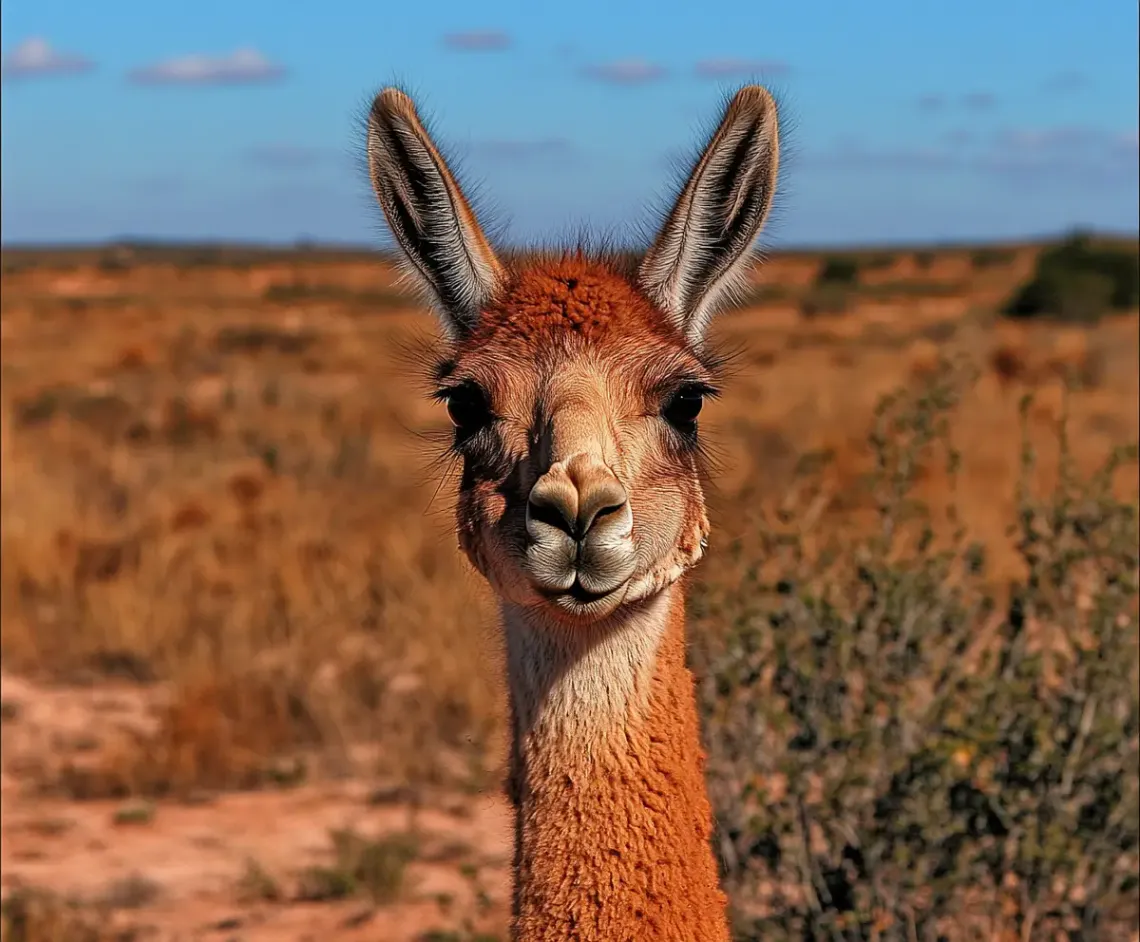 Graceful llama in a spacious field under a clear blue sky, illuminated by warm sunlight.