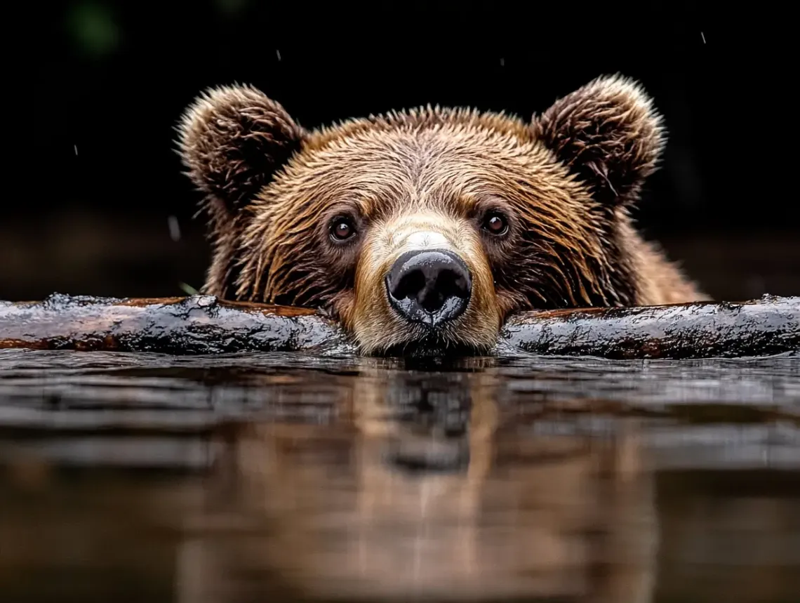 Large bear swimming gracefully in clear water, its wet fur glistening in the sunlight, creating ripples.