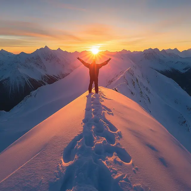 A lone man standing triumphantly at the peak of a snow-capped mountain.