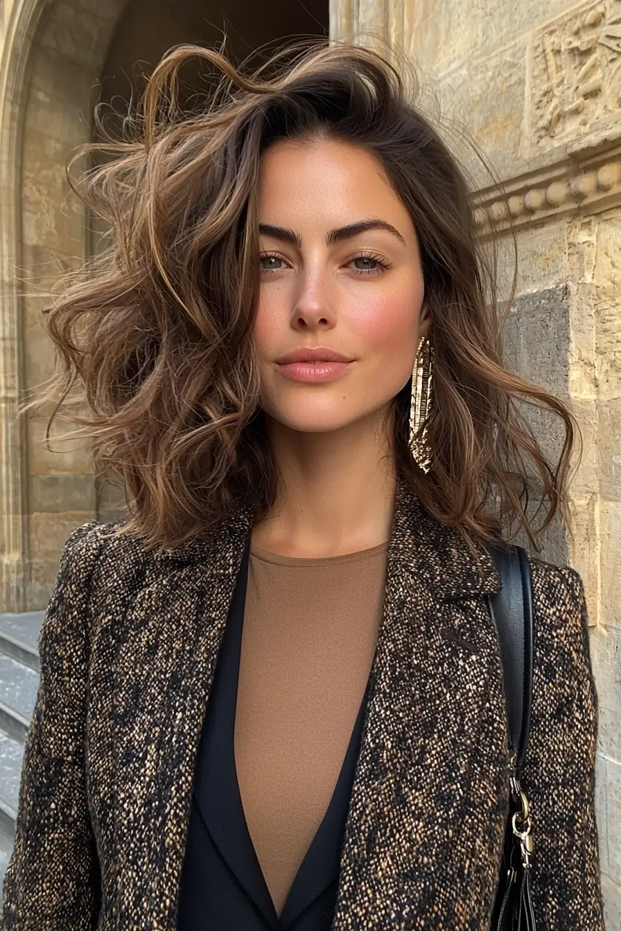 Stylish woman standing confidently in a brown jacket and black top, making a bold fashion statement.